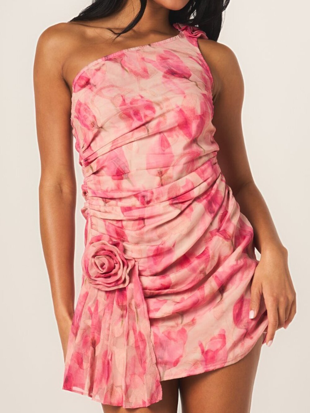Multicolor Boho Women's Pastel Floral One-Shoulder Ruched Mini Dress with Drape